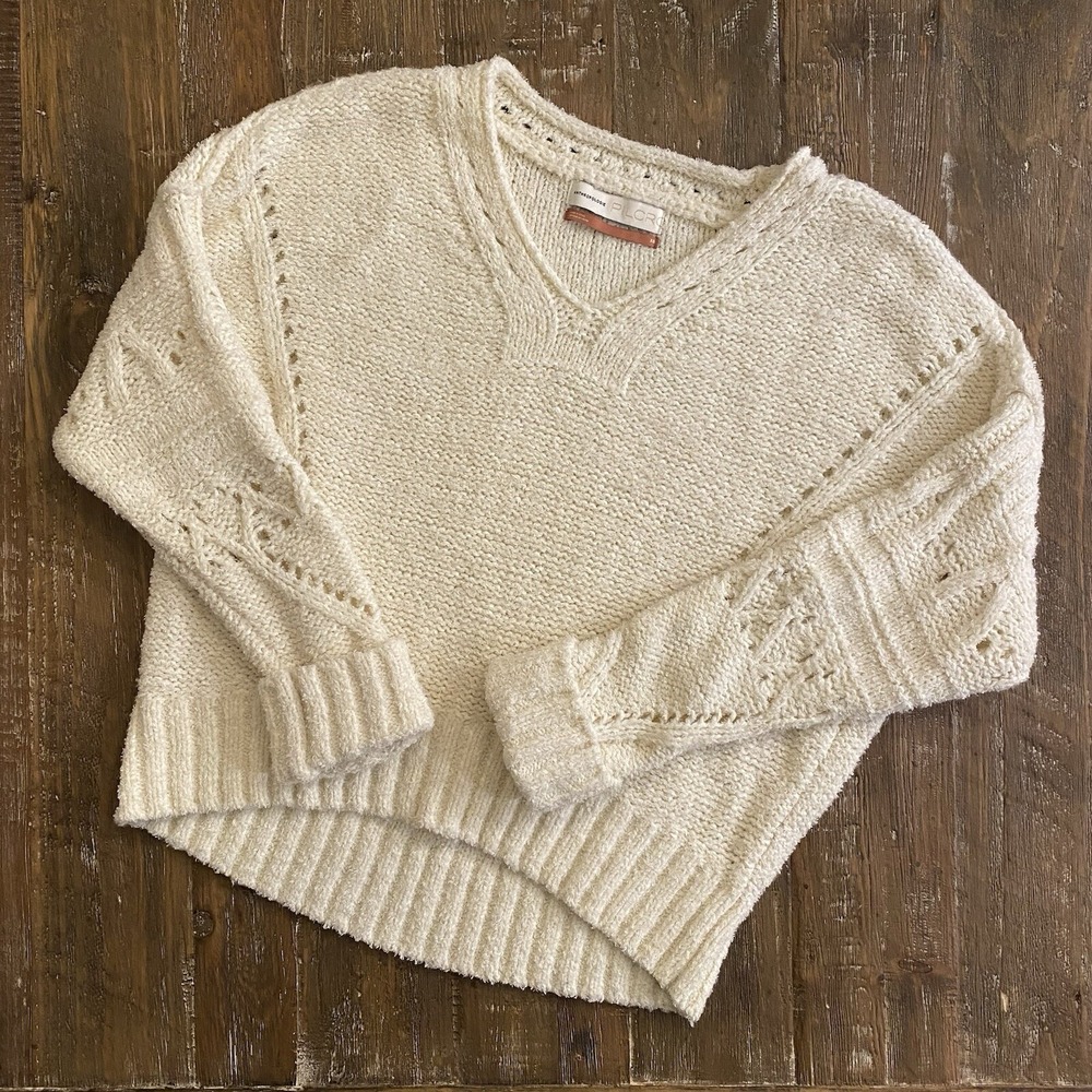 Pilcro Anthropologie Sweater Womens XS Ivory Cable Knit Boho Merino Wool Blend
